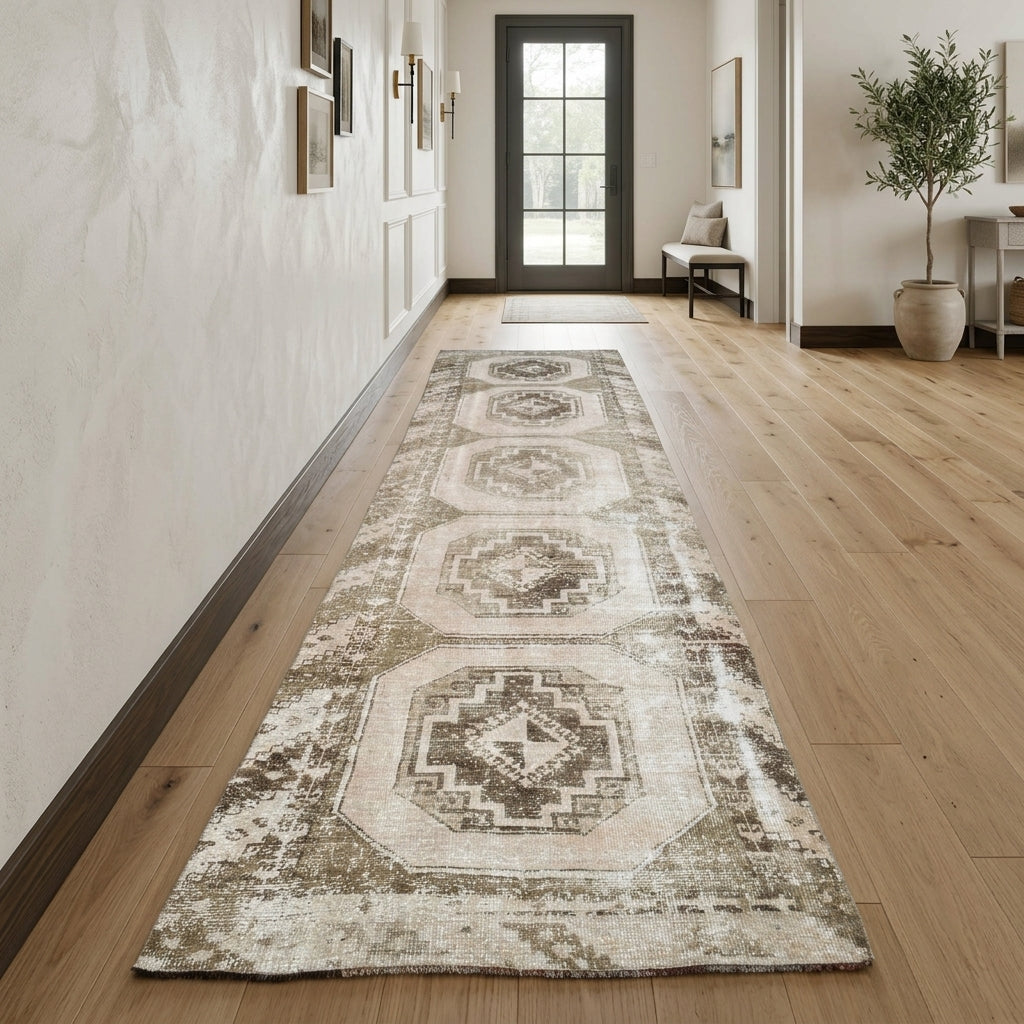 Geometric and bordered pattern on the Fulyaefsan vintage runner rug – handmade in Anatolia, Turkey