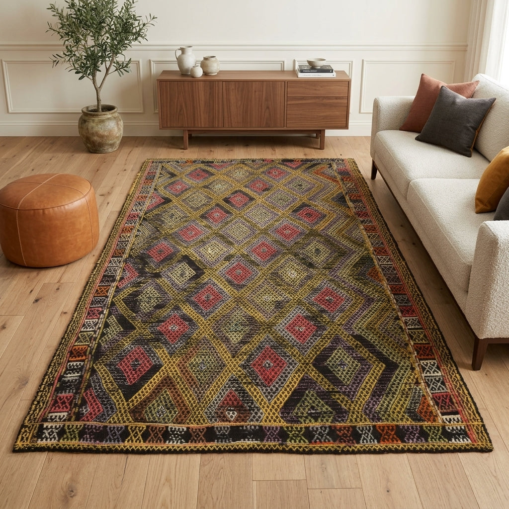 Ikat pattern on the Yagcibedir vintage kilim rug – handwoven flatweave in Anatolia, Turkey