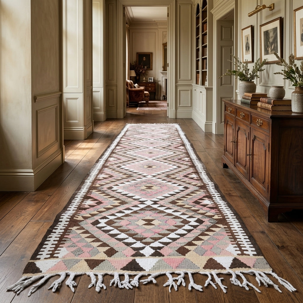 Ikat pattern on the Ioniachoria vintage kilim rug – handwoven flatweave in Anatolia, Turkey