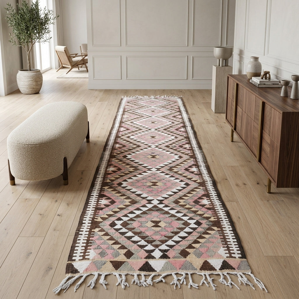 Ikat pattern on the Ioniachoria vintage kilim rug – handwoven flatweave in Anatolia, Turkey