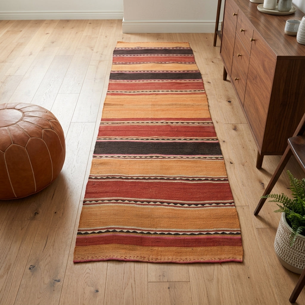 Striped pattern on the Incibahar vintage kilim runner rug – handwoven flatweave in Anatolia, Turkey