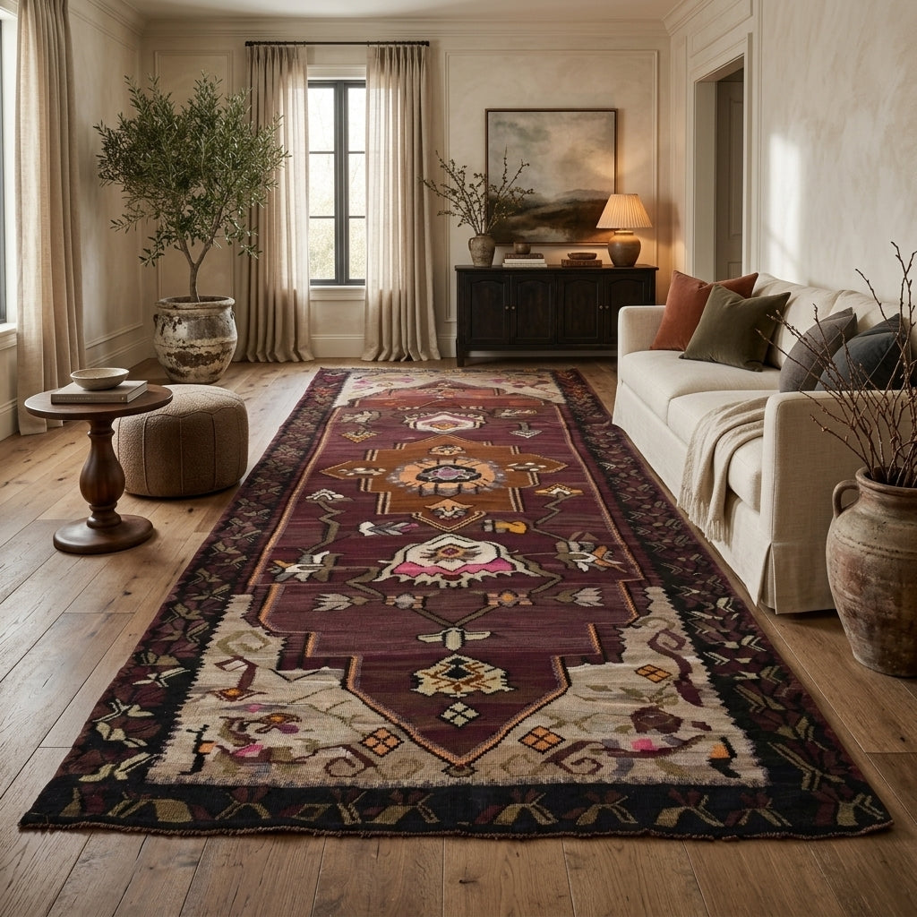 Oriental pattern on the Adaumut vintage kilim rug – handwoven flatweave in Anatolia, Turkey