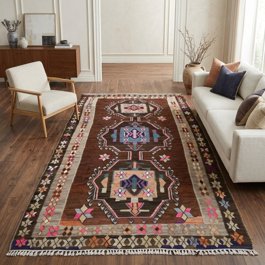 Oriental pattern on the Adaumut vintage kilim rug – handwoven flatweave in Anatolia, Turkey