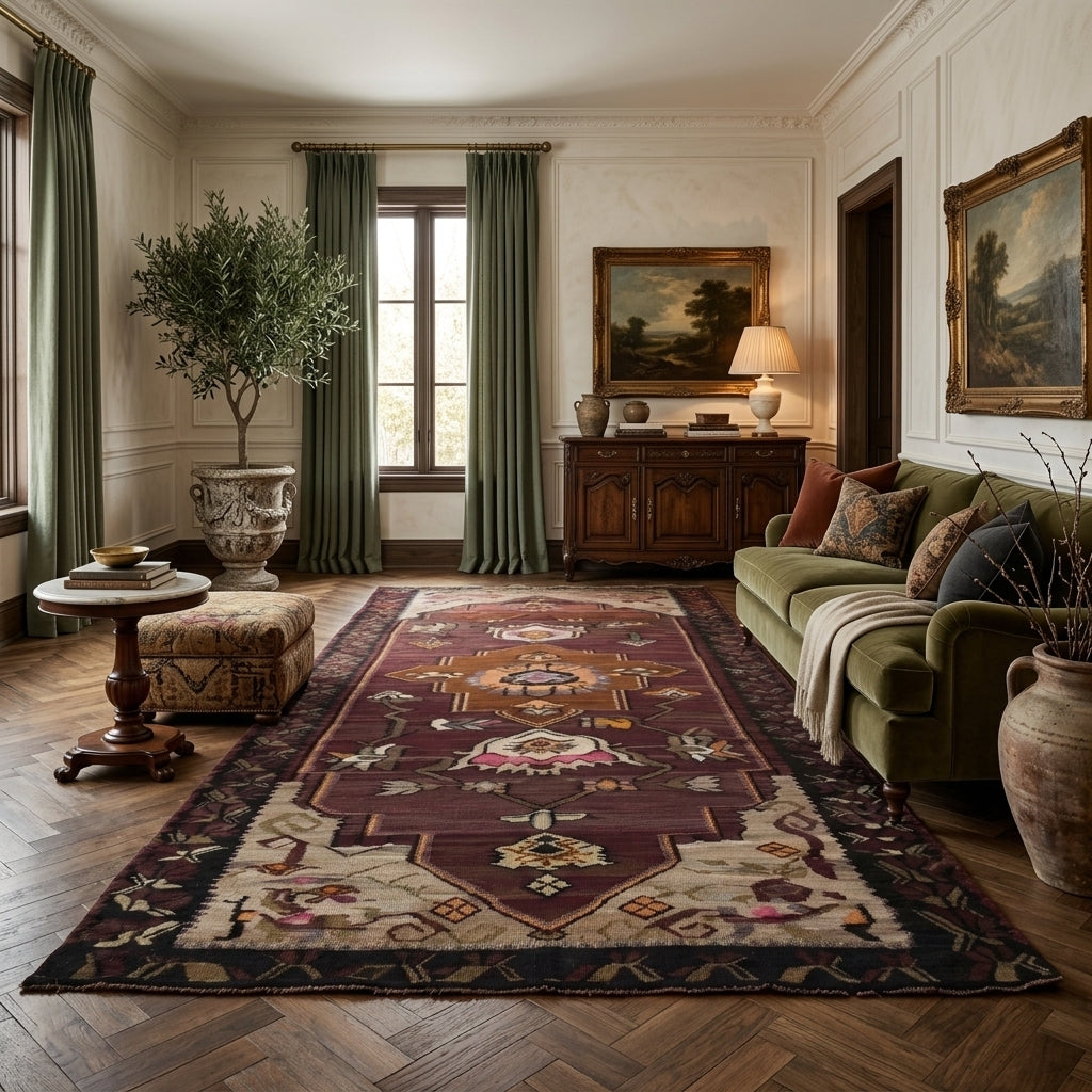Tribal pattern on the Hesperpeleia vintage kilim rug – handwoven flatweave in Anatolia, Turkey