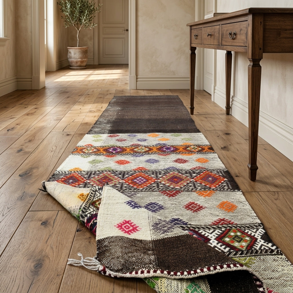 Tribal pattern on the Ilknurnaz vintage kilim rug – handwoven flatweave in Anatolia, Turkey