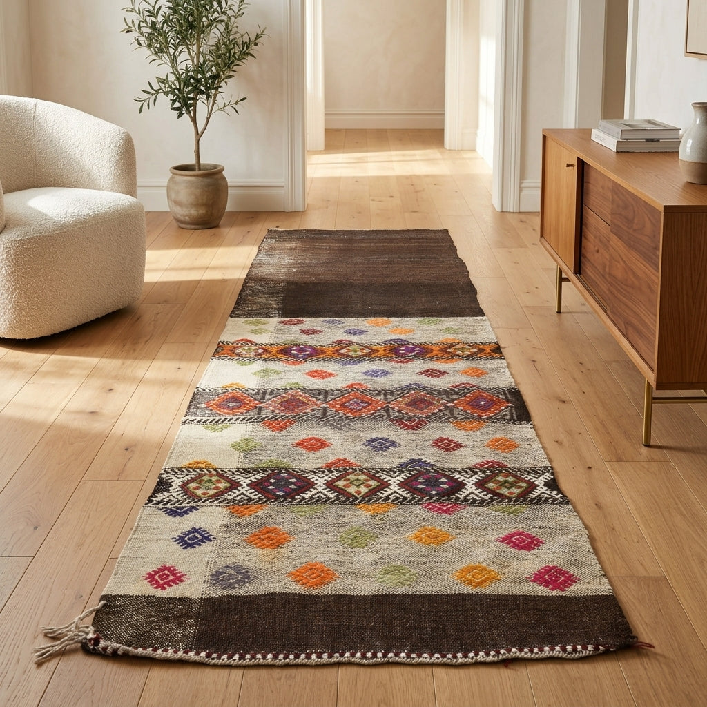 Tribal pattern on the Ilknurnaz vintage kilim rug – handwoven flatweave in Anatolia, Turkey