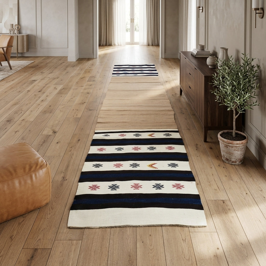 Tribal pattern on the Ilginter vintage kilim runner rug – handwoven flatweave in Anatolia, Turkey