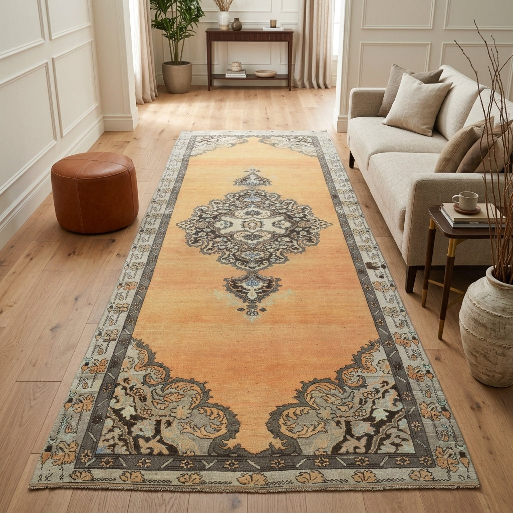 Medallion pattern on the Erasipetra vintage runner rug – handmade in Anatolia, Turkey