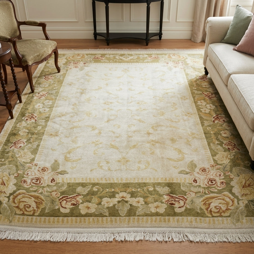 Framed and floral pattern on the Melitomeda vintage area rug – handmade in Anatolia, Turkey
