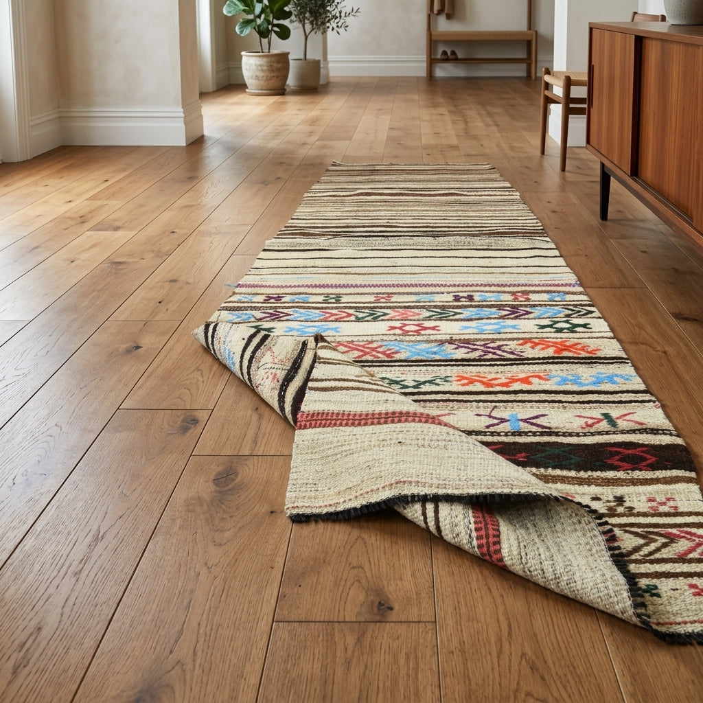 Striped pattern on the Ihlamurbahar vintage kilim rug – handwoven flatweave in Anatolia, Turkey