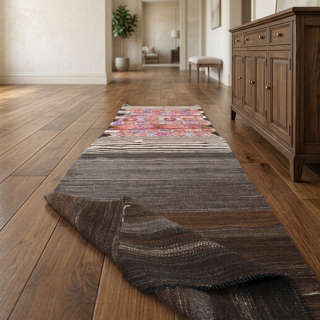 Geometric pattern on the Ianthekrateia vintage kilim rug – handwoven flatweave in Anatolia, Turkey