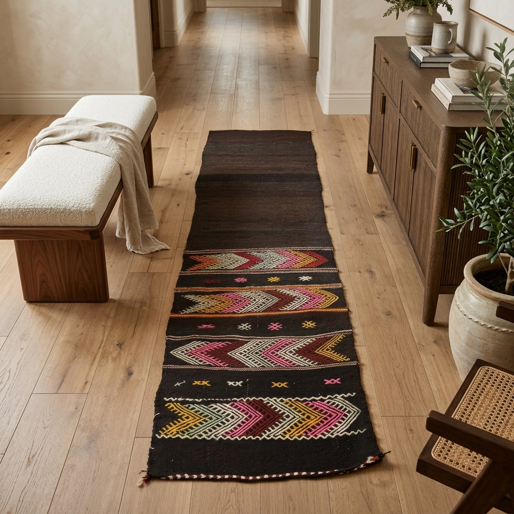 Tribal pattern on the Husnsu vintage kilim runner rug – handwoven flatweave in Anatolia, Turkey