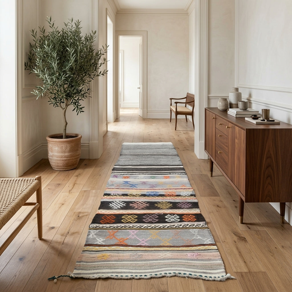 Striped pattern on the Hippippe vintage kilim runner rug – handwoven flatweave in Anatolia, Turkey
