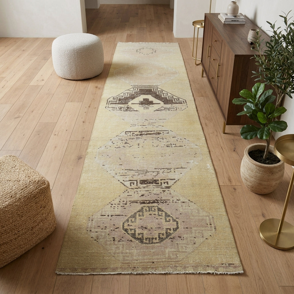 Abstract pattern on the Eulampe antique washed vintage runner rug – handmade in Anatolia, Turkey