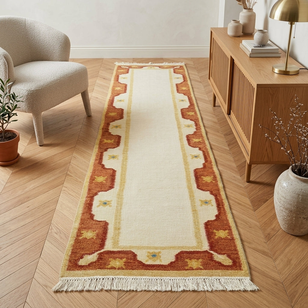 Tribal bordered pattern on the Erytheia vintage runner rug – handmade in Anatolia, Turkey