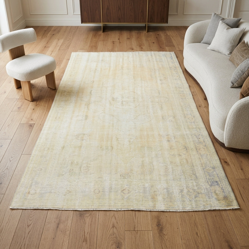Munirenaz Beige Ecru Handmade Antique Area Rug by Fame Rugs – one-of-a-kind antique washed vintage rug from the 1940s