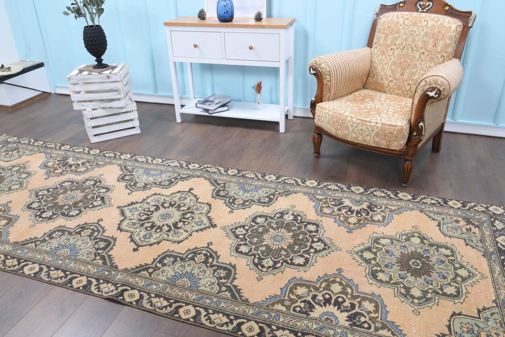 Peripeyker runner: 1970s handmade Anatolian runner with oriental motifs and cotton backing