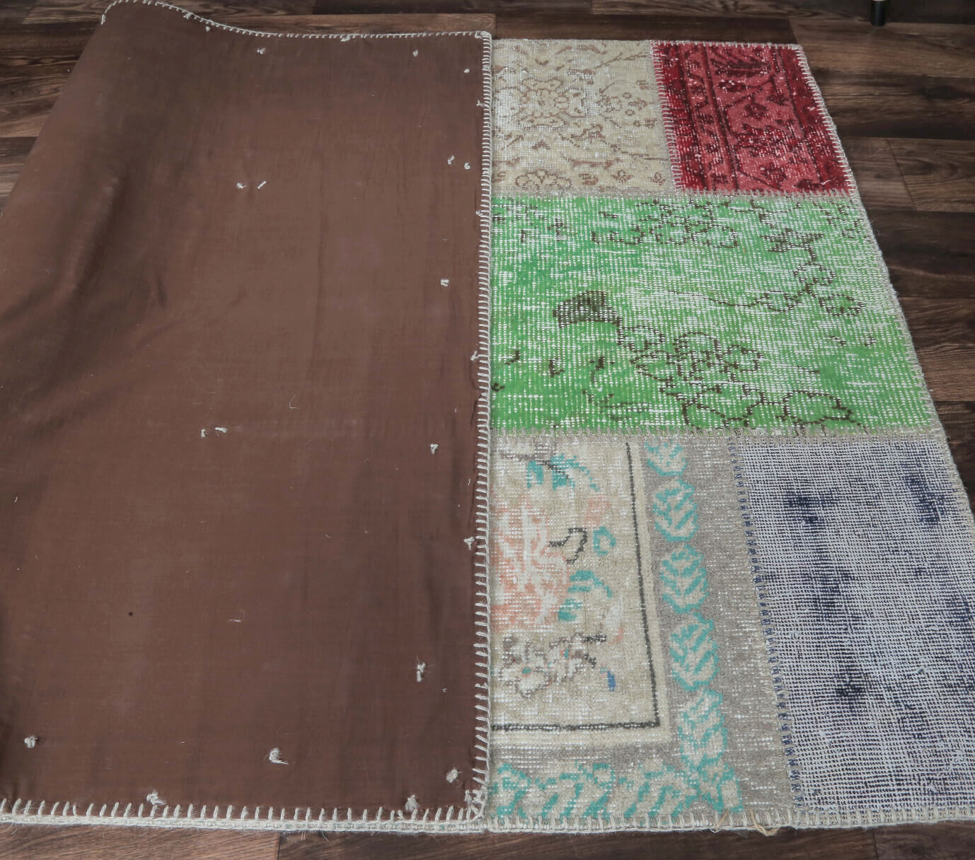 Authentic Anatolian vintage patchwork area rug (1970s) with solid design – one-of-a-kind at Fame Rugs