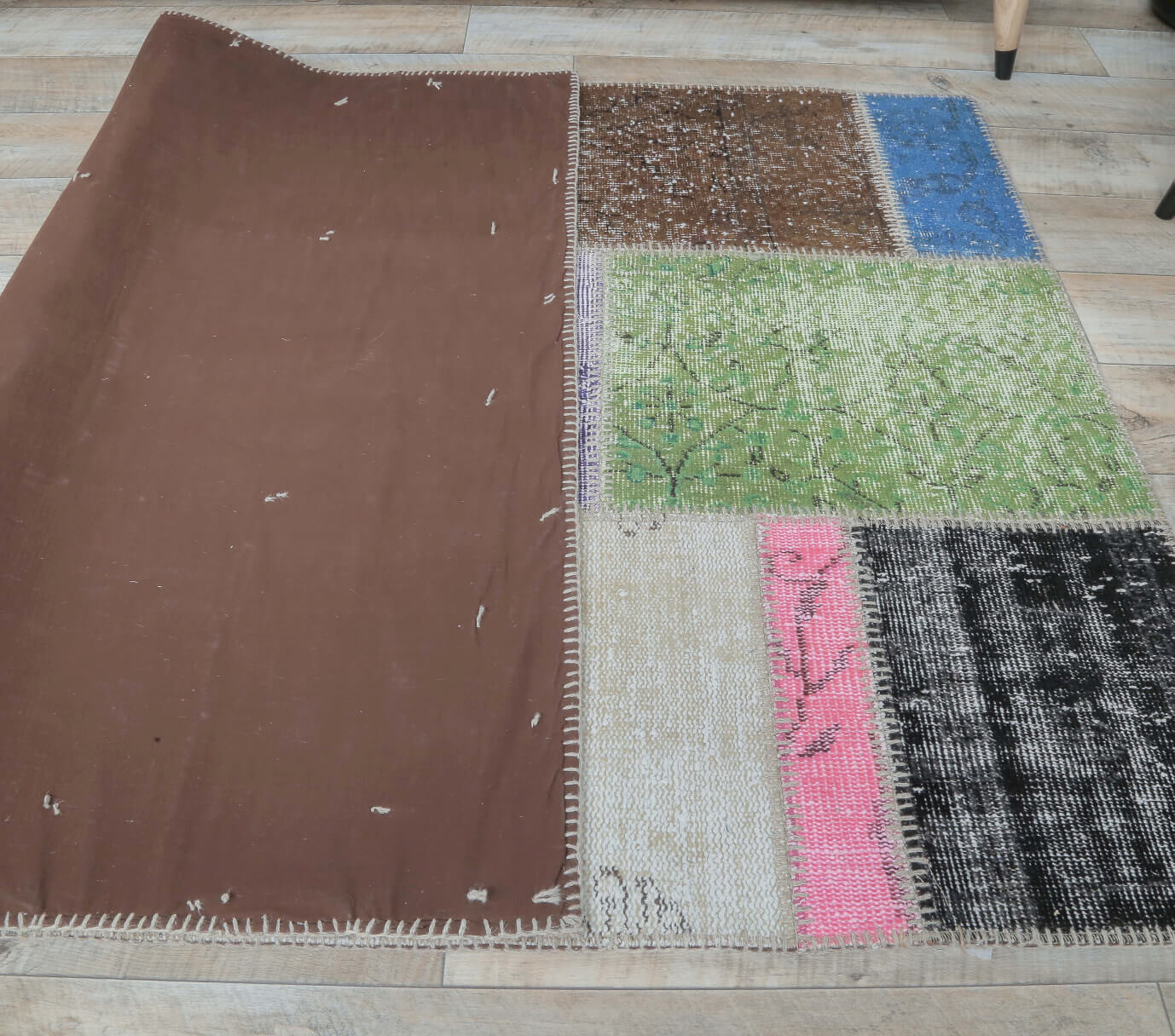 Authentic Anatolian vintage patchwork area rug (1970s) with solid design – one-of-a-kind at Fame Rugs