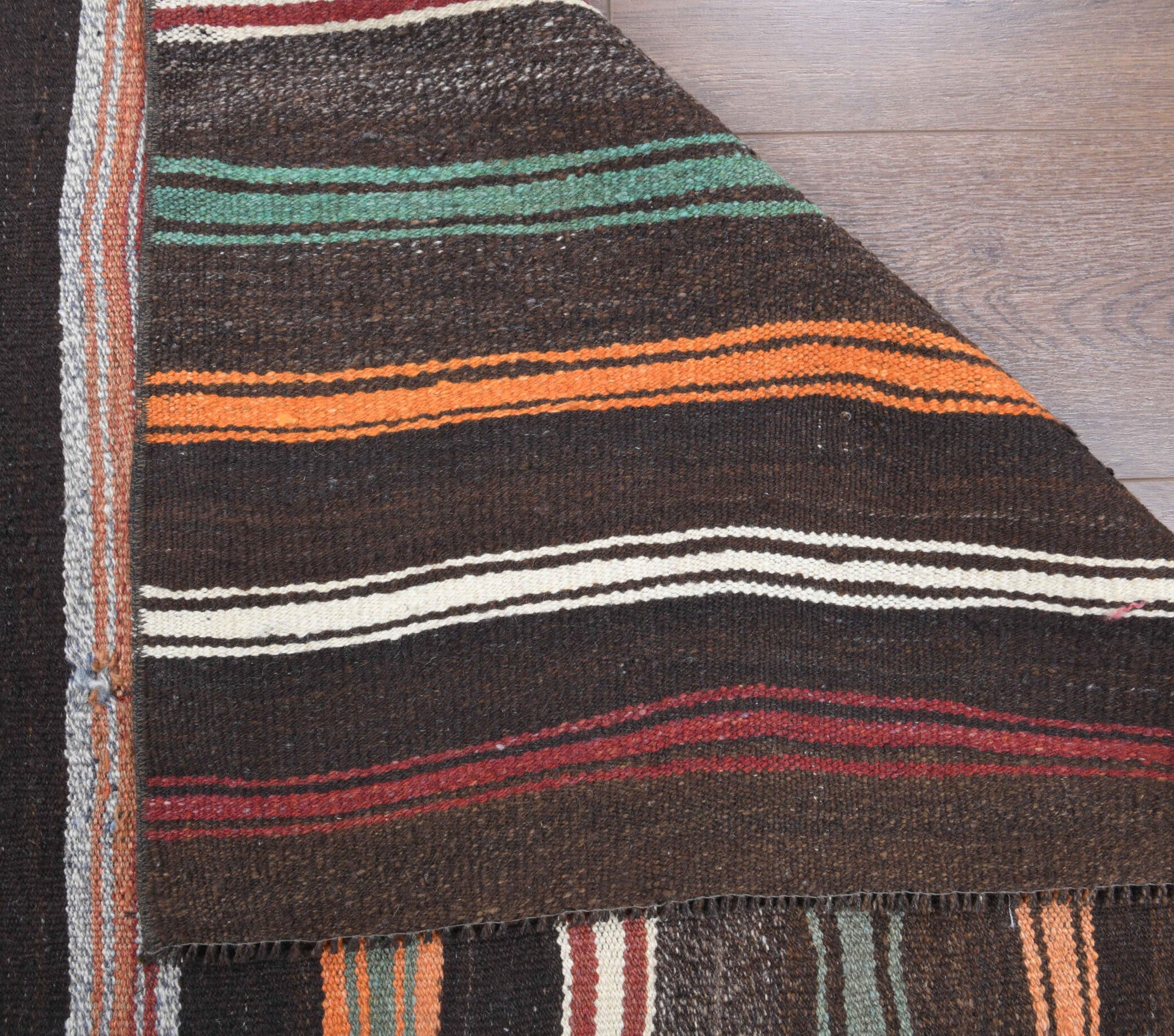 Cleodoxa kilim: 1960s handwoven flatweave Anatolian kilim with striped motifs