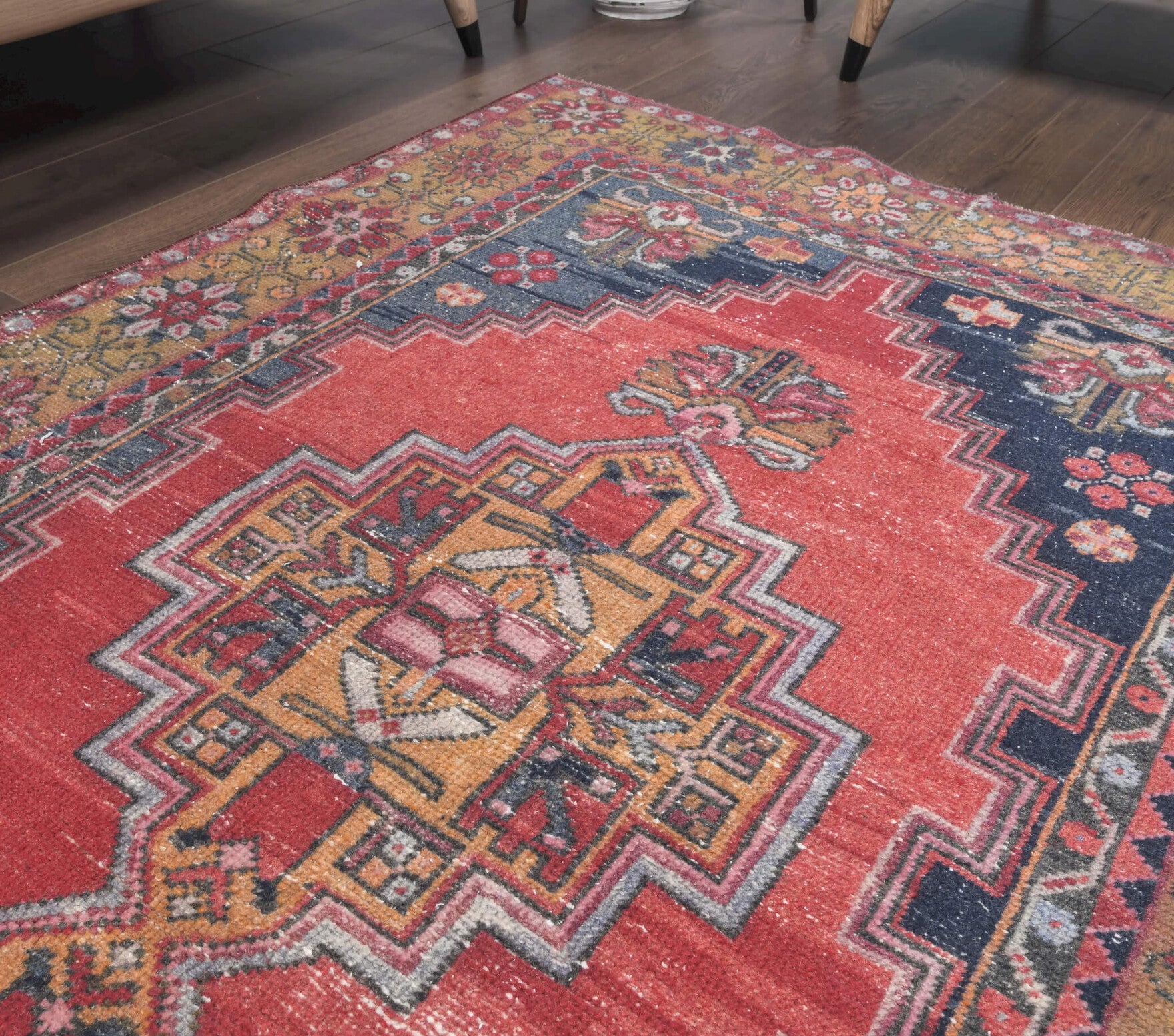 Nephephone rug: 1970s handmade Anatolian rug with geometric motifs and cotton backing