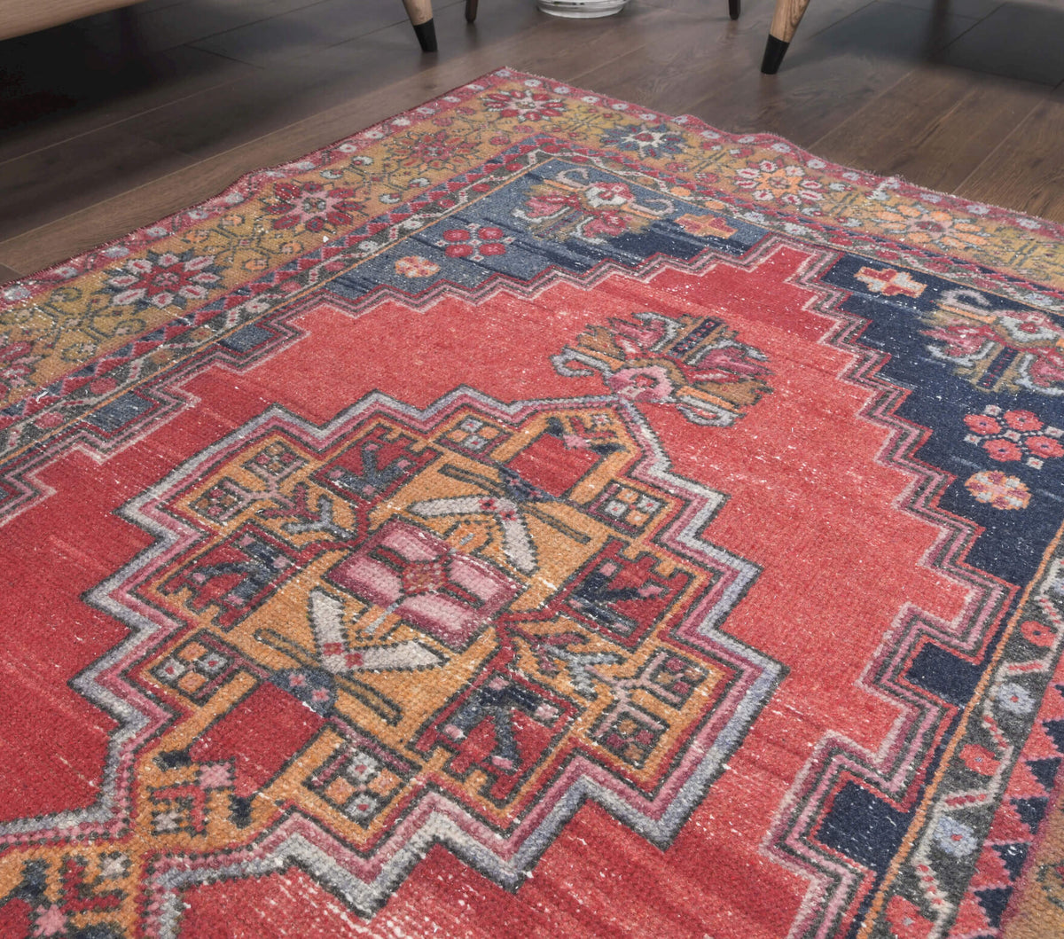Nephephone rug: 1970s handmade Anatolian rug with geometric motifs and cotton backing