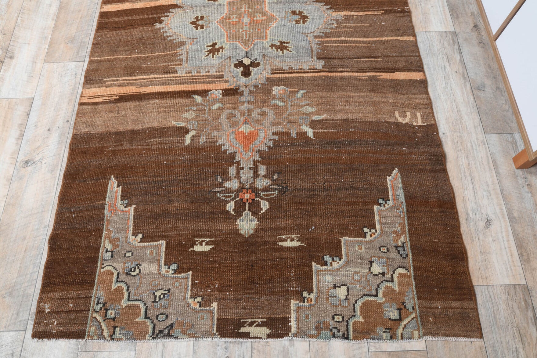 Galenocharis rug: 1970s handmade Anatolian rug with oriental motifs and cotton backing