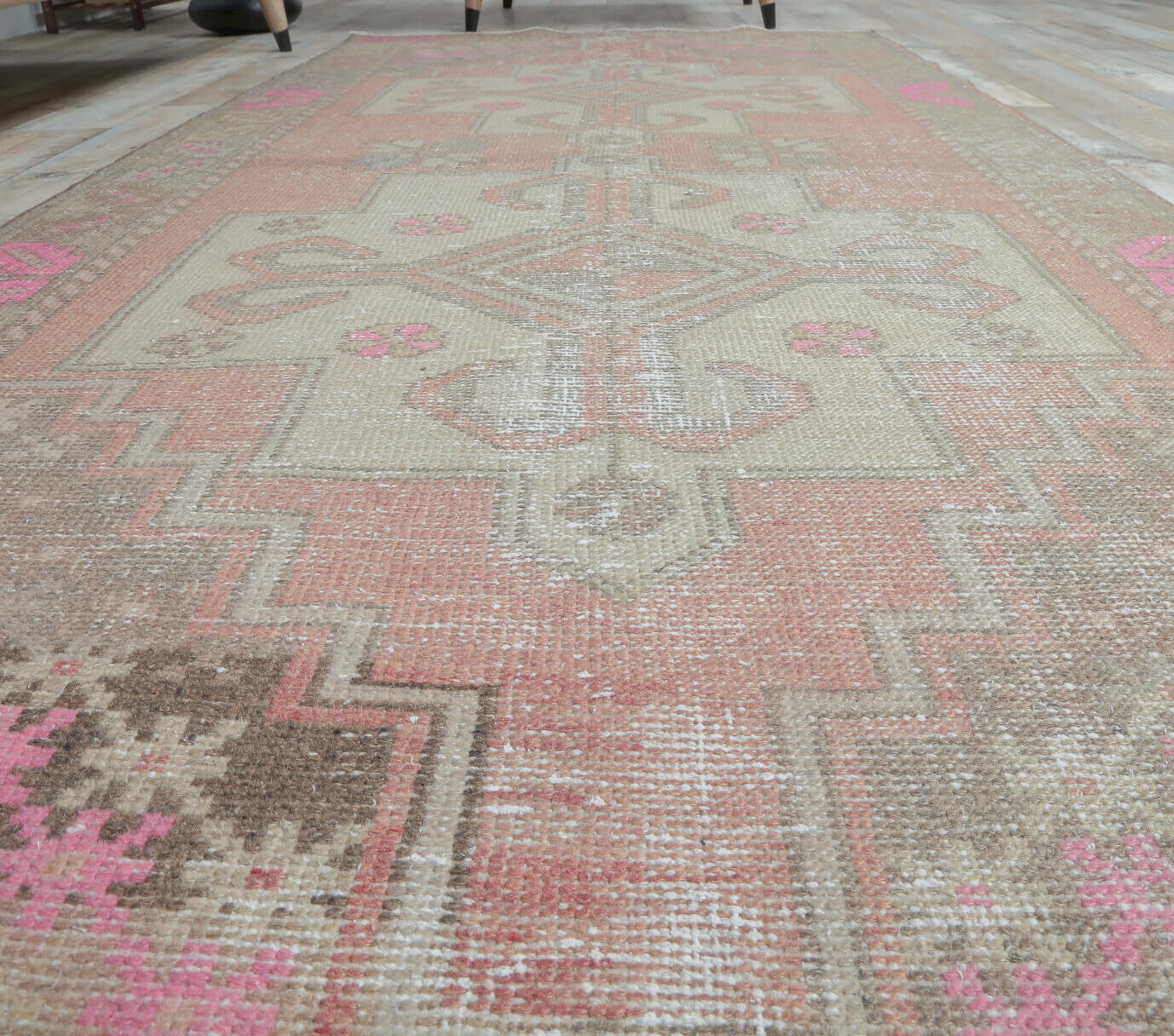 113x250 cm antique washed vintage Anatolian area rug – Halope, low pile, wool