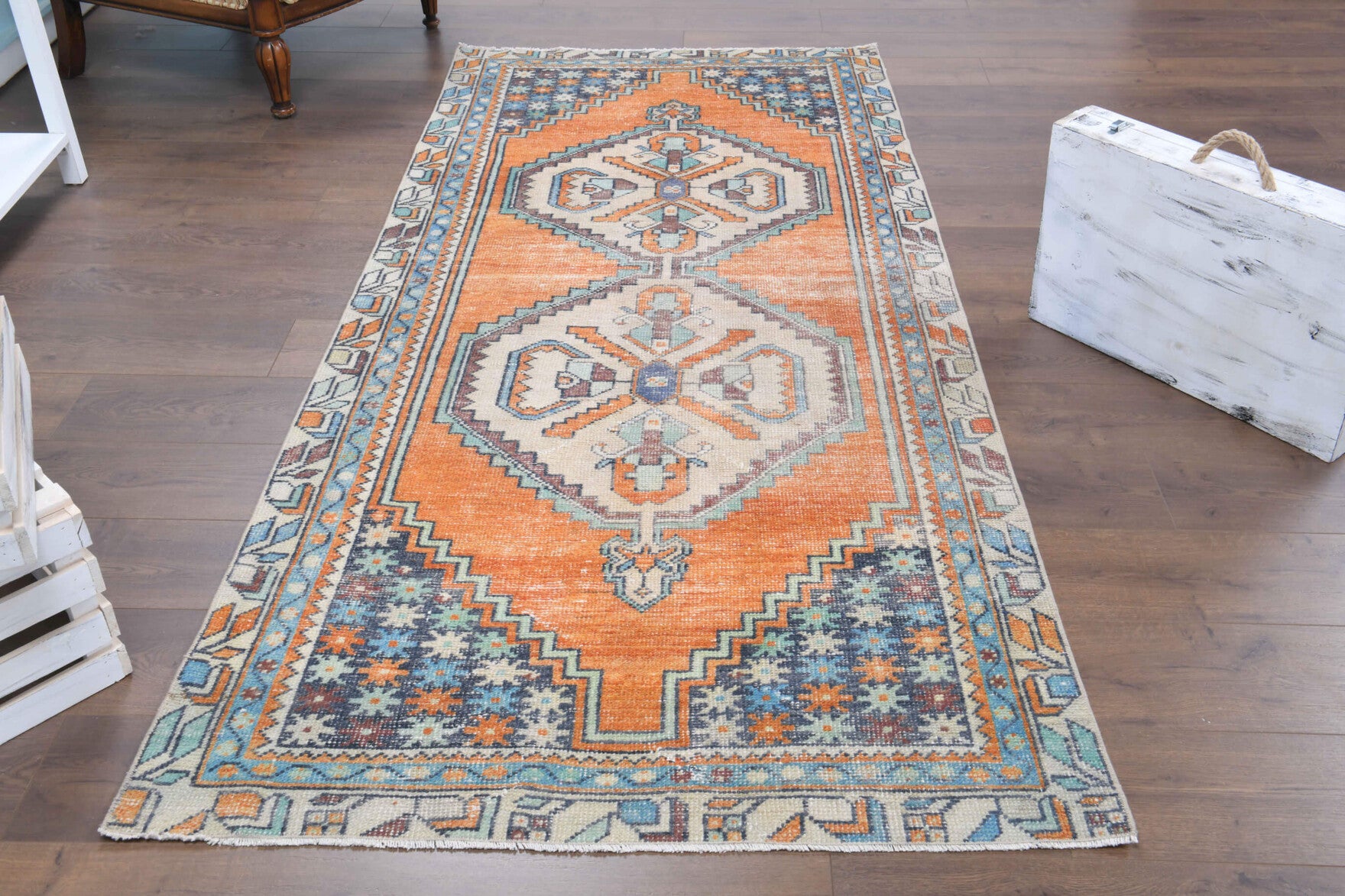 Hand-crafted Anatolian vintage rug Pembepare in wool, 1970s
