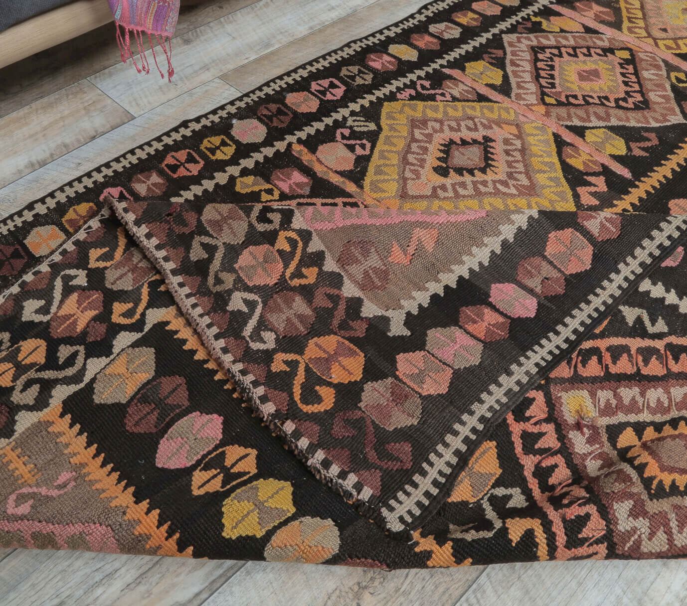 Charitotima kilim: 1960s handwoven flatweave Anatolian kilim with tribal motifs