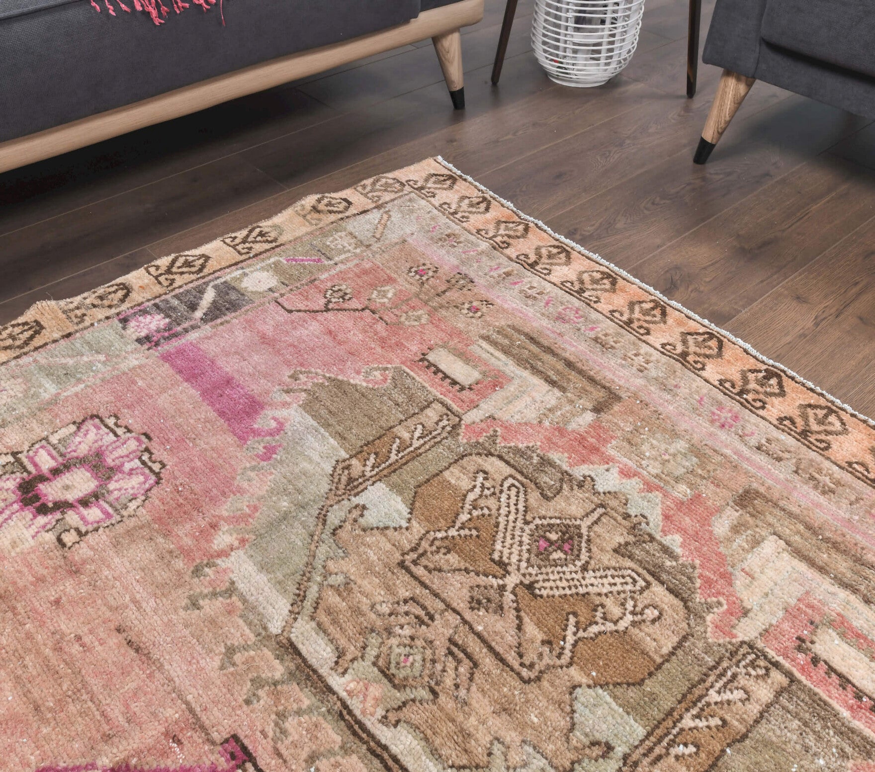 Nehirsel rug: 1970s handmade Anatolian rug with ikat motifs and cotton backing