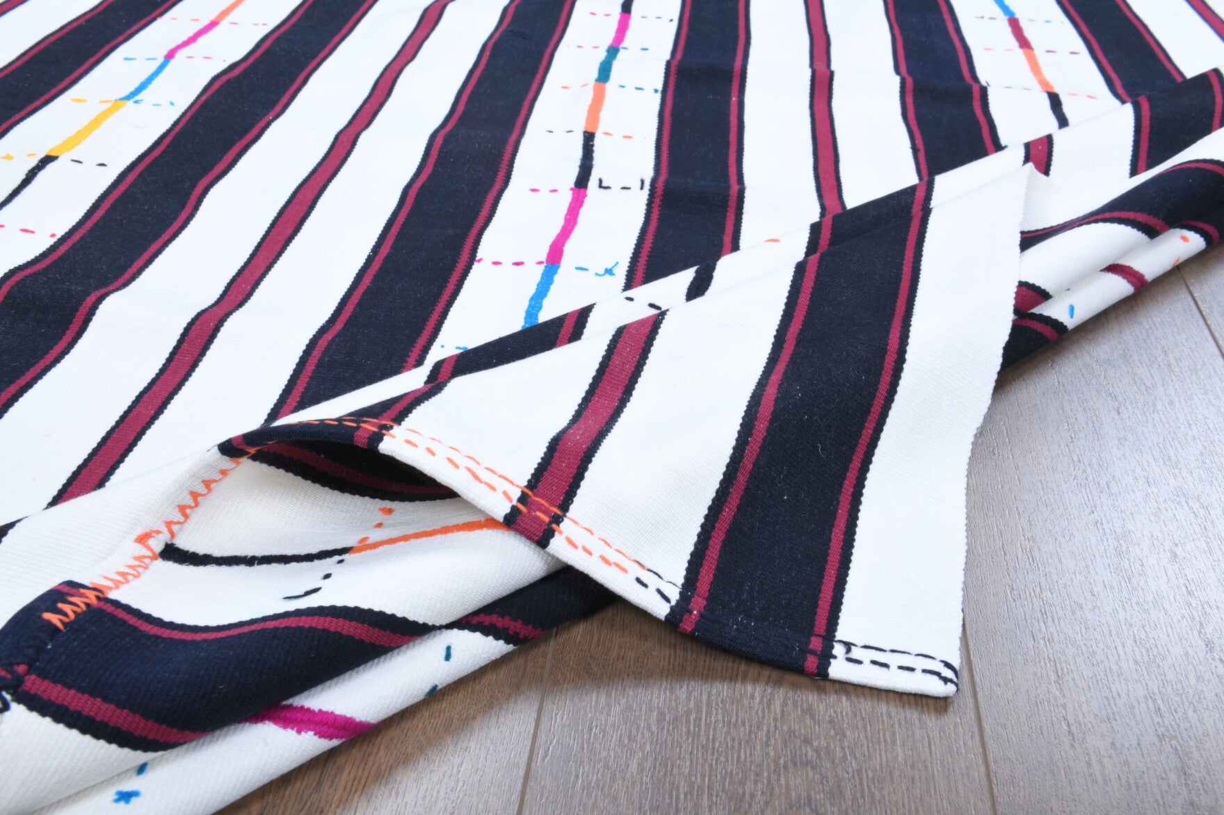 Behice kilim: 1960s handwoven flatweave Anatolian kilim with striped motifs
