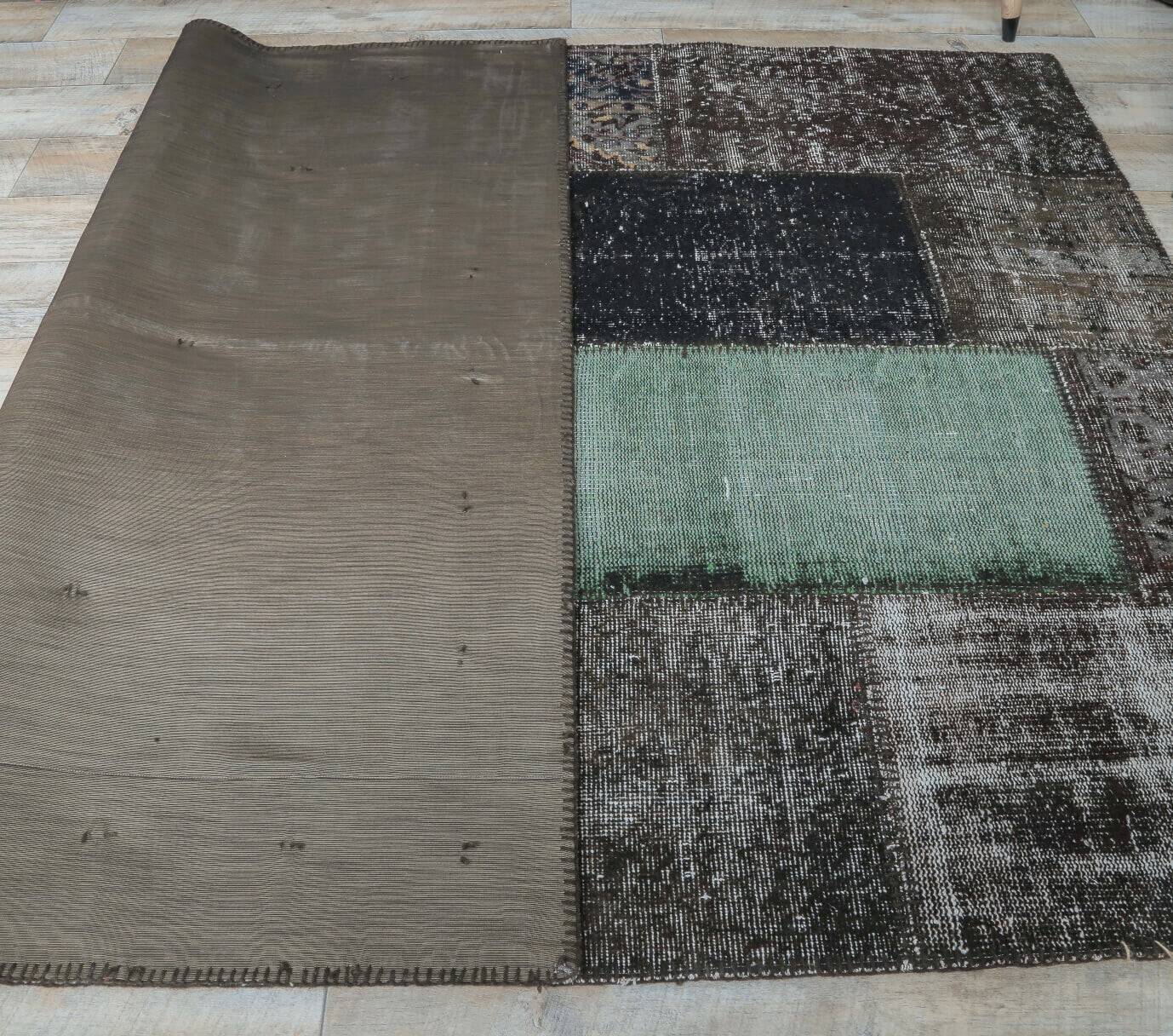 Authentic Anatolian vintage patchwork area rug (1970s) with solid design – one-of-a-kind at Fame Rugs