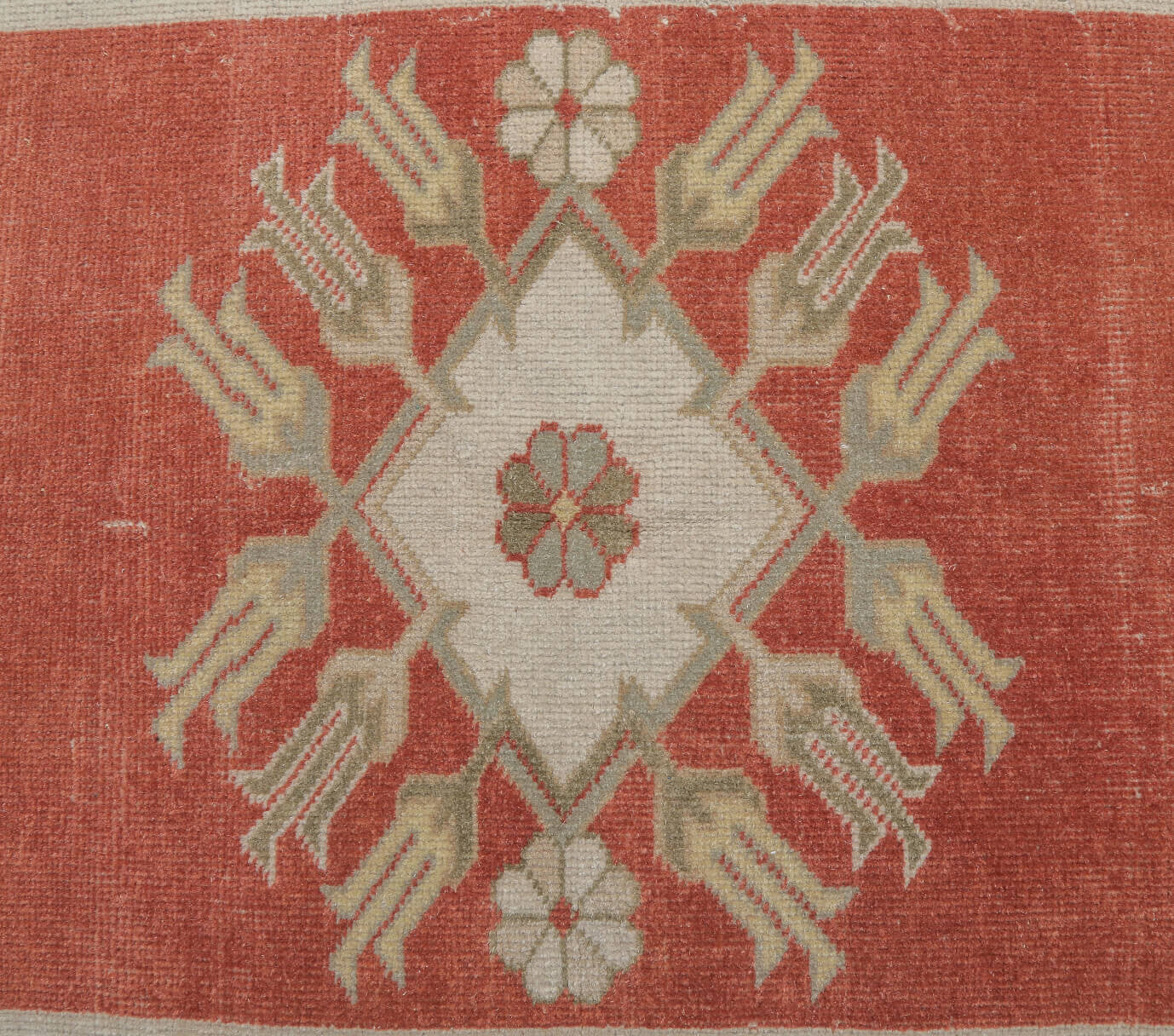 Ianthephrosyne rug: 1970s handmade Turkish rug with geometric motifs and cotton backing