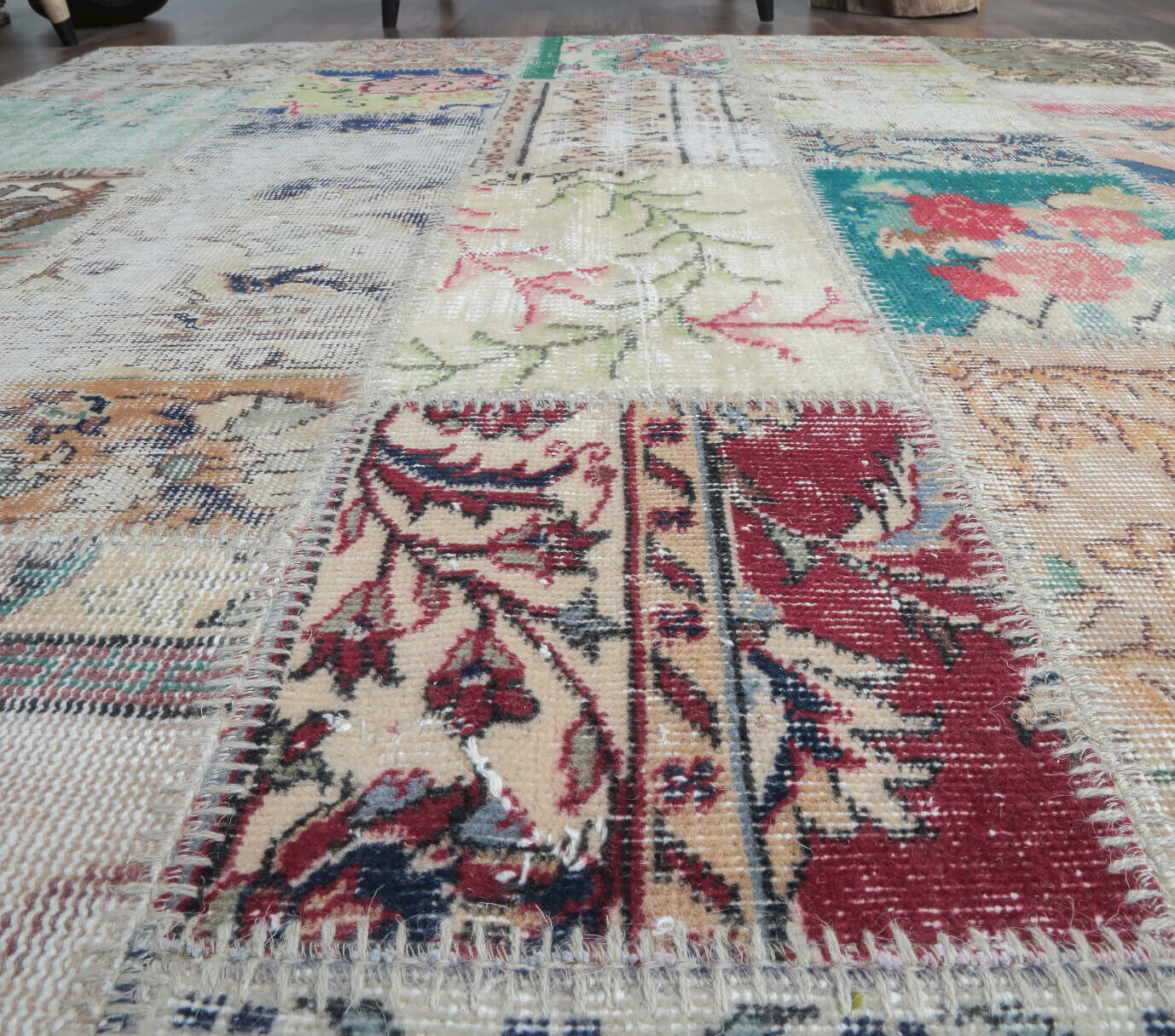 172x185 cm vintage patchwork Anatolian area rug – Hilalbahar, low pile, wool