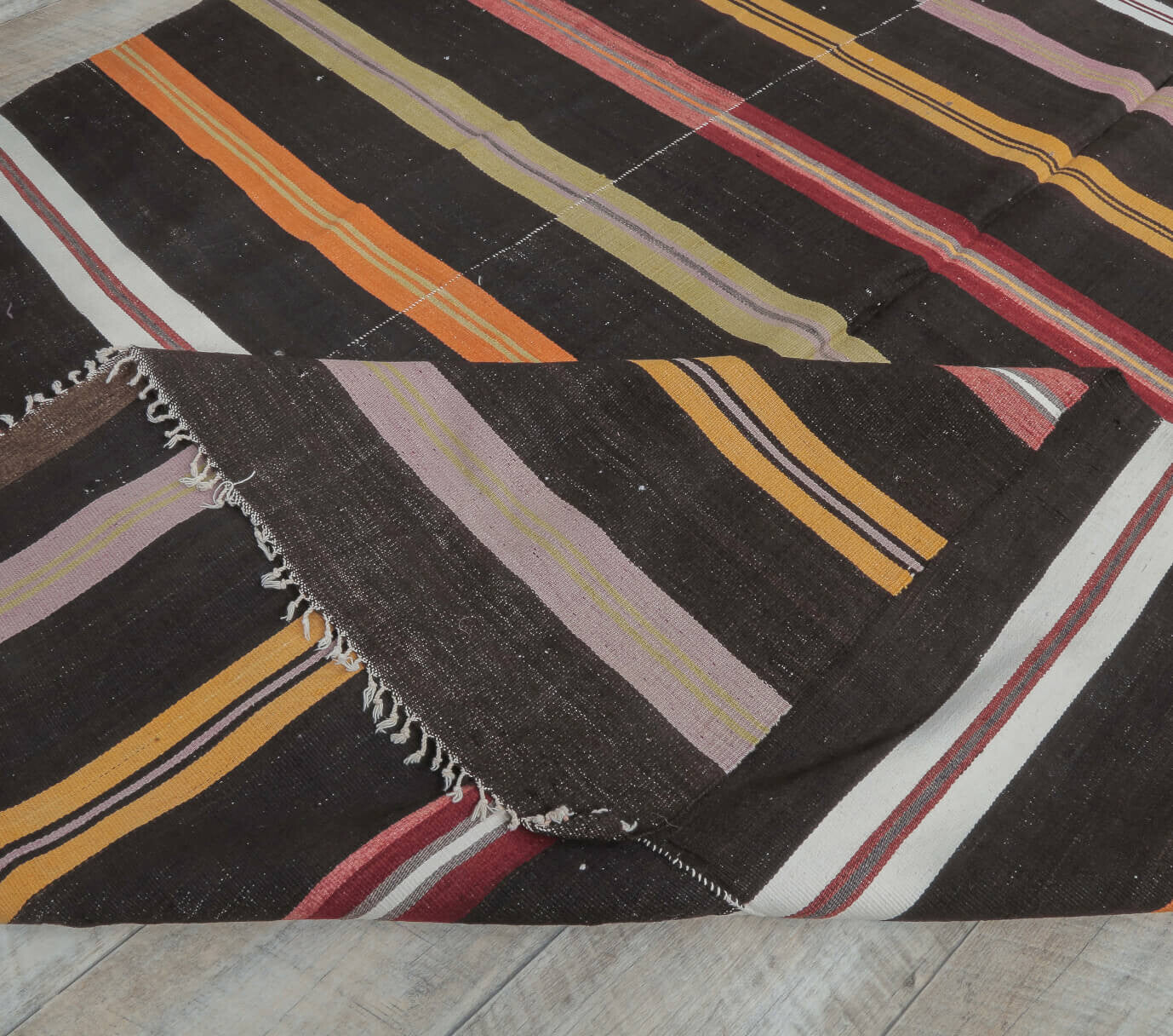 Guranda kilim: 1960s handwoven flatweave Anatolian kilim with striped motifs