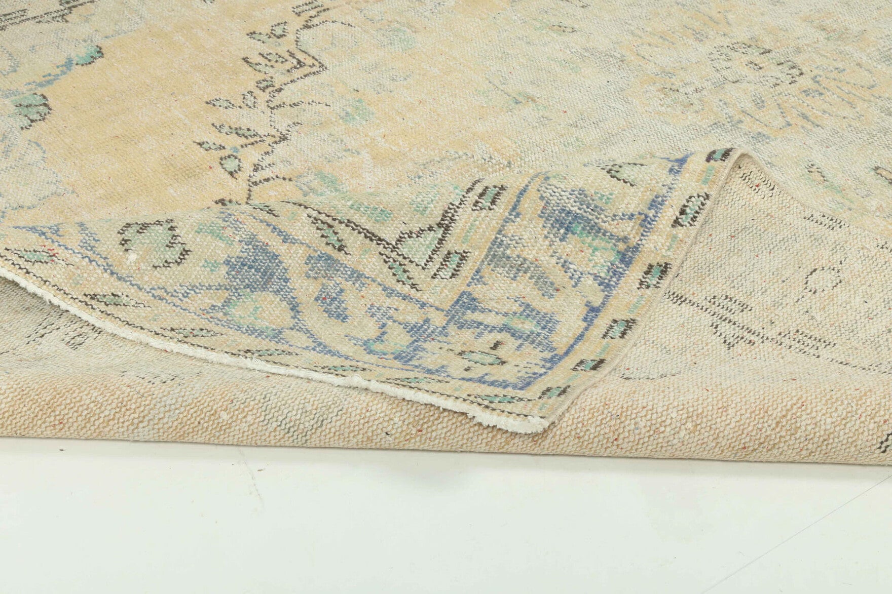 Authentic Anatolian antique washed vintage area rug (1940s) with oriental design – one-of-a-kind at Fame Rugs