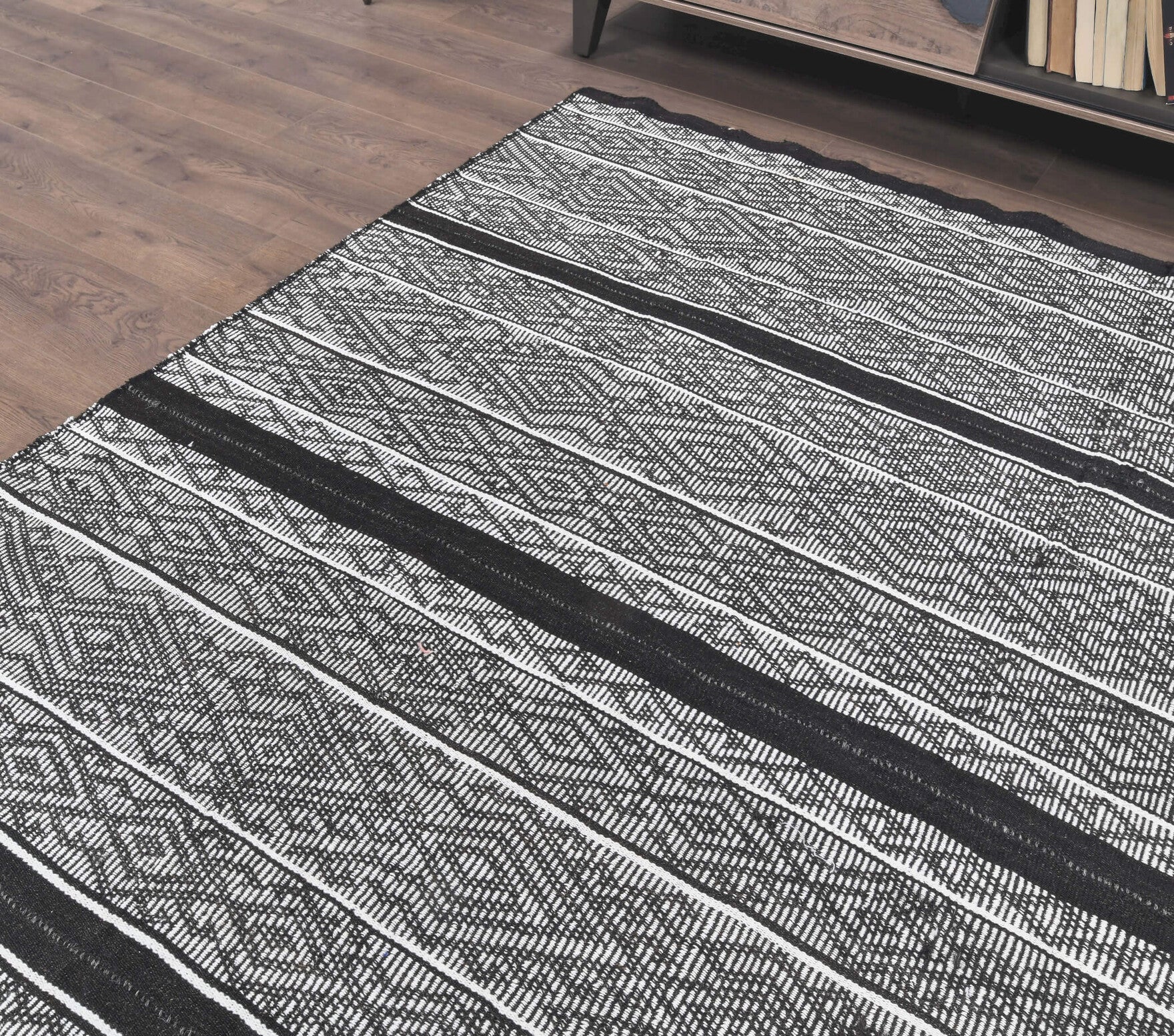 Ebru kilim: 1960s handwoven flatweave Anatolian kilim with striped motifs