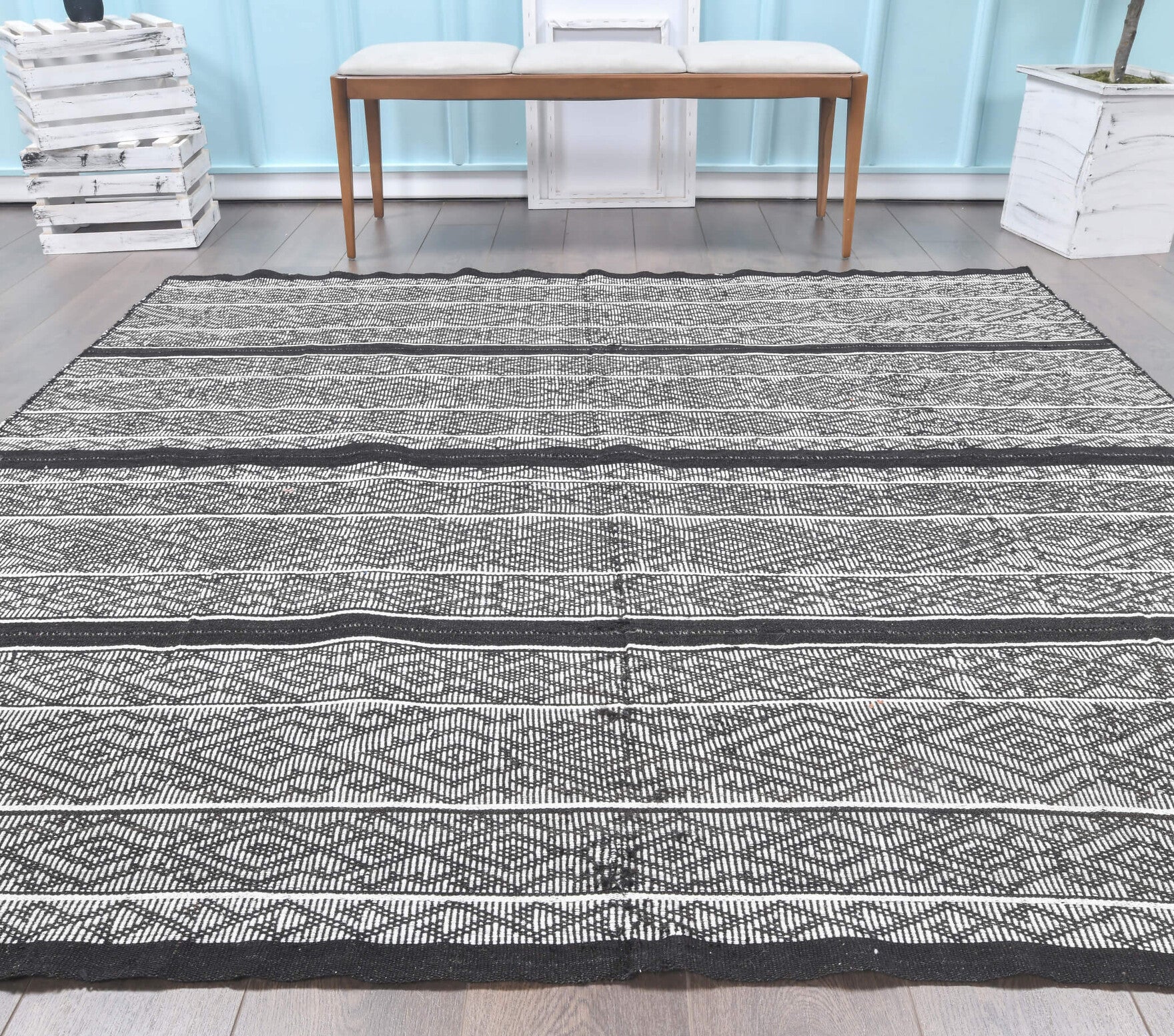 Handwoven flatweave wool kilim from Anatolia, Turkey – 7x7 Square Vintage Kilim Large Area Rug 6'11" x 7'