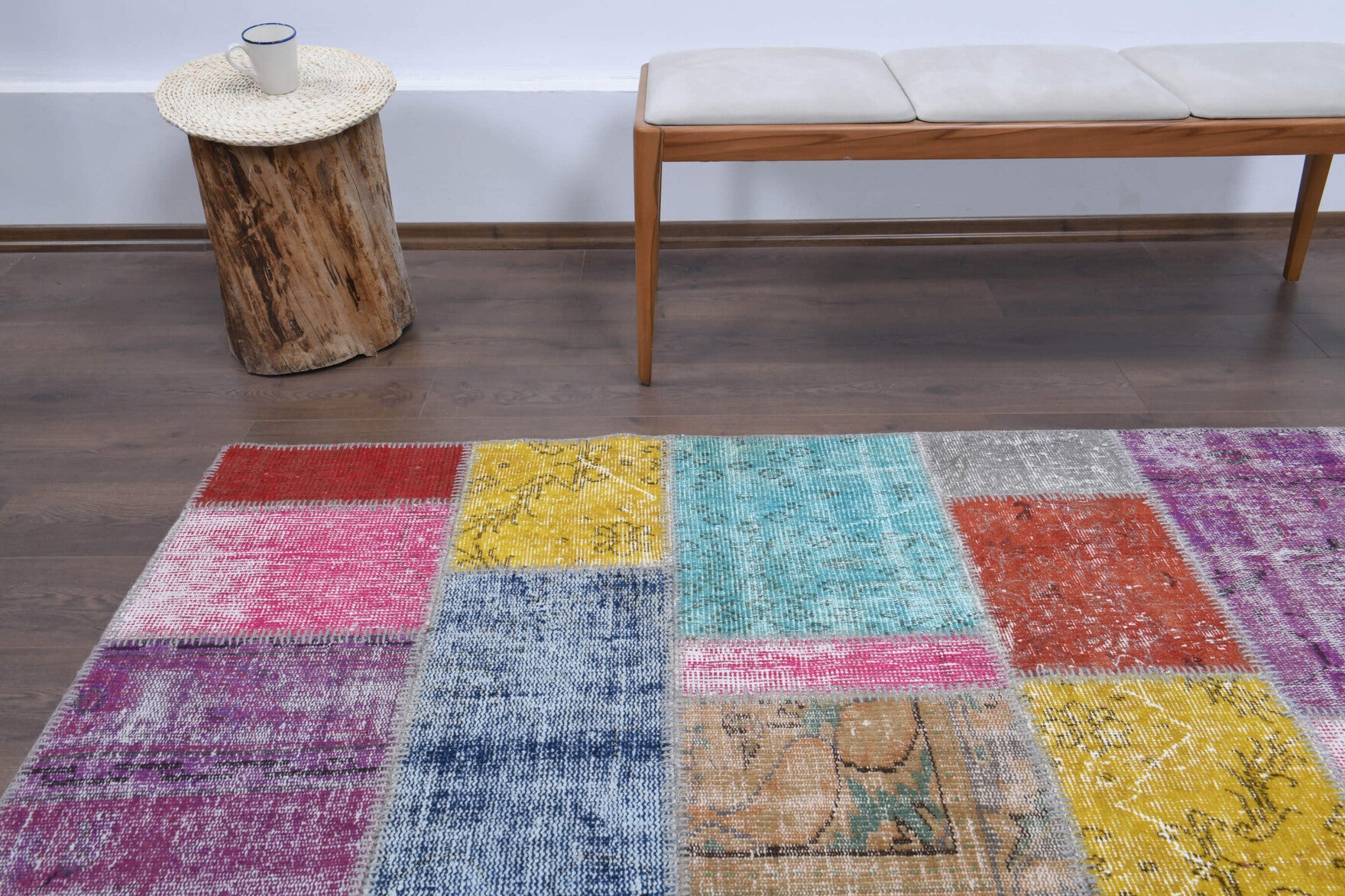 Argyronia rug: 1970s handmade Anatolian rug with solid motifs and fabric backing
