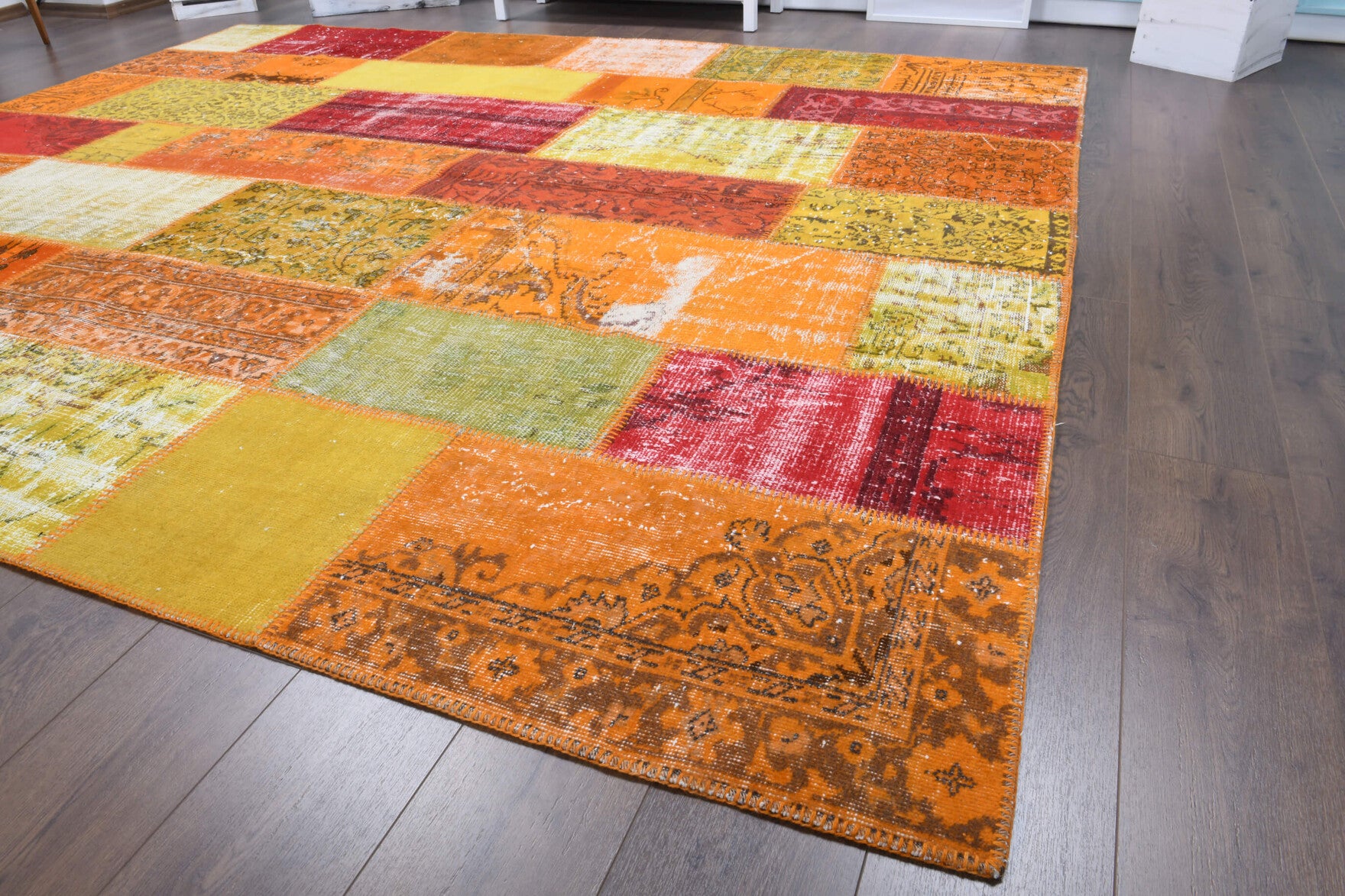 Authentic Anatolian vintage patchwork area rug (1970s) with tribal design – one-of-a-kind at Fame Rugs