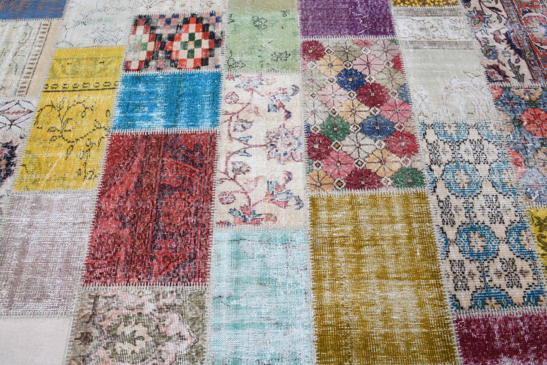 One-of-a-kind 1970s Anatolian vintage patchwork area rug in wool, 8'3" x 9'10"