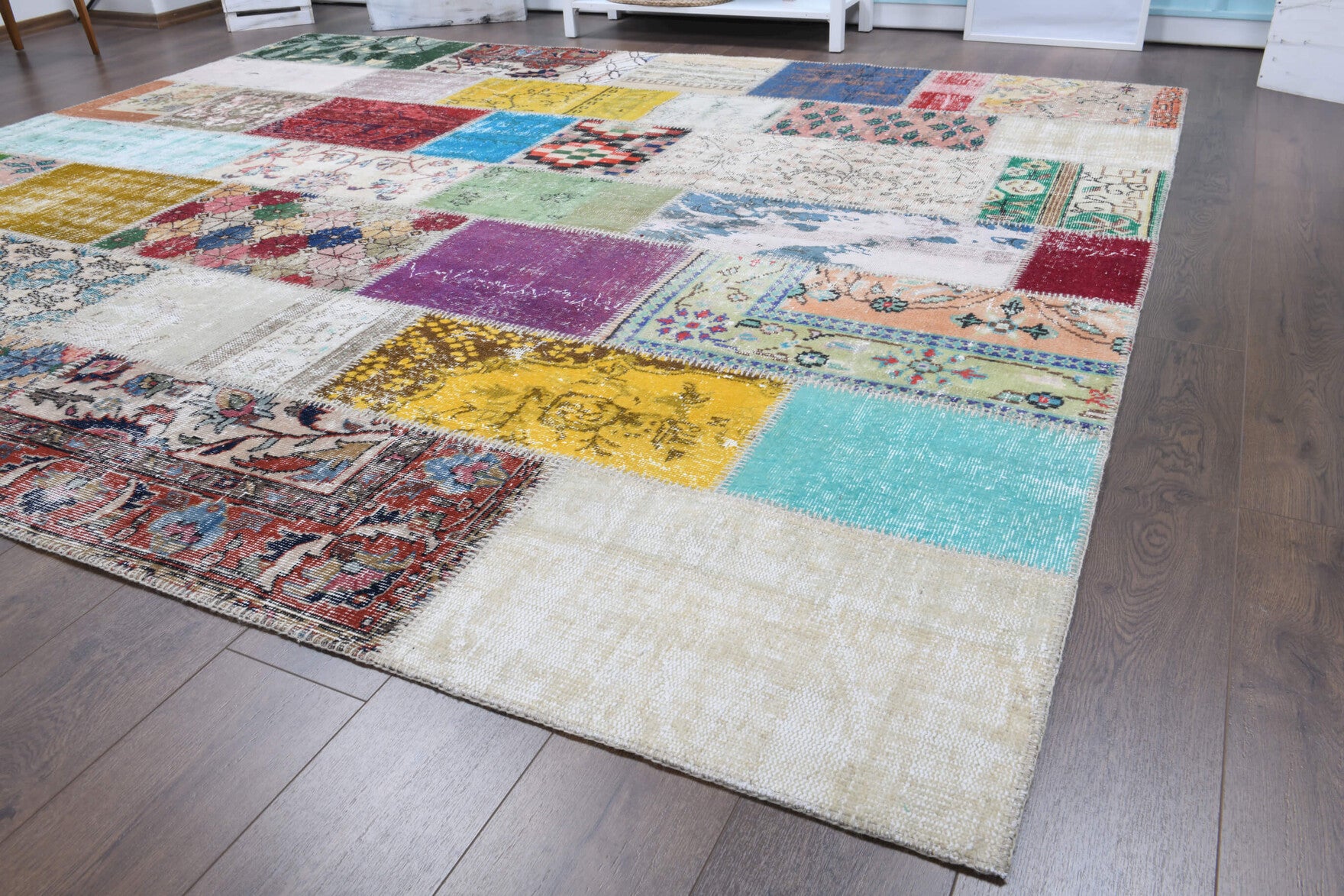 Authentic Anatolian vintage patchwork area rug (1970s) with tribal design – one-of-a-kind at Fame Rugs