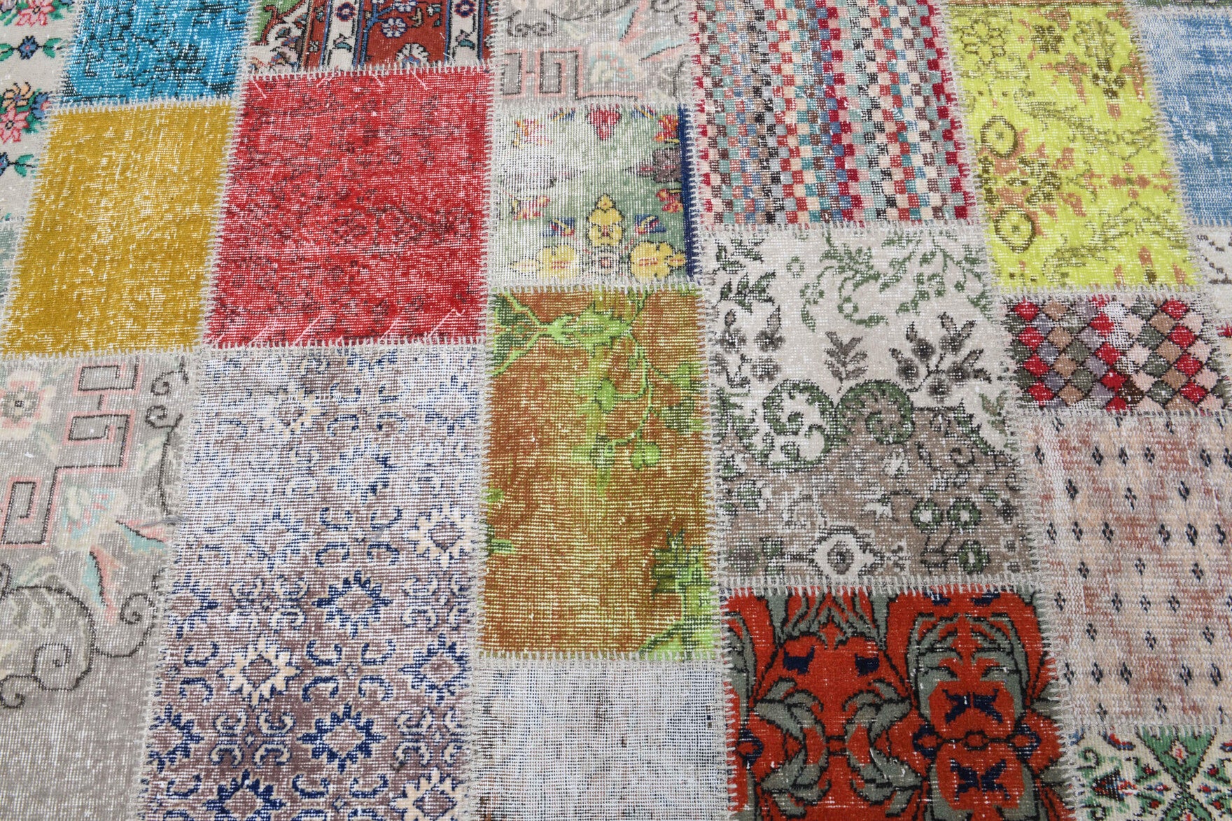 One-of-a-kind 1970s Anatolian vintage patchwork area rug in wool, 8'4" x 9'11"