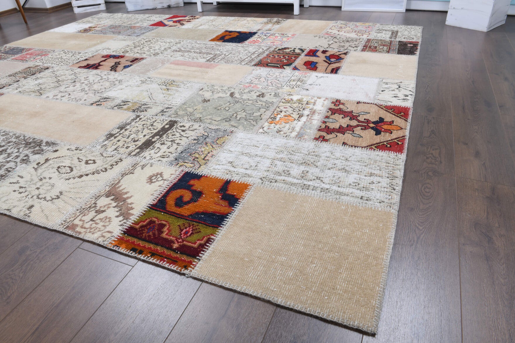 Authentic Anatolian vintage patchwork area rug (1970s) with tribal design – one-of-a-kind at Fame Rugs