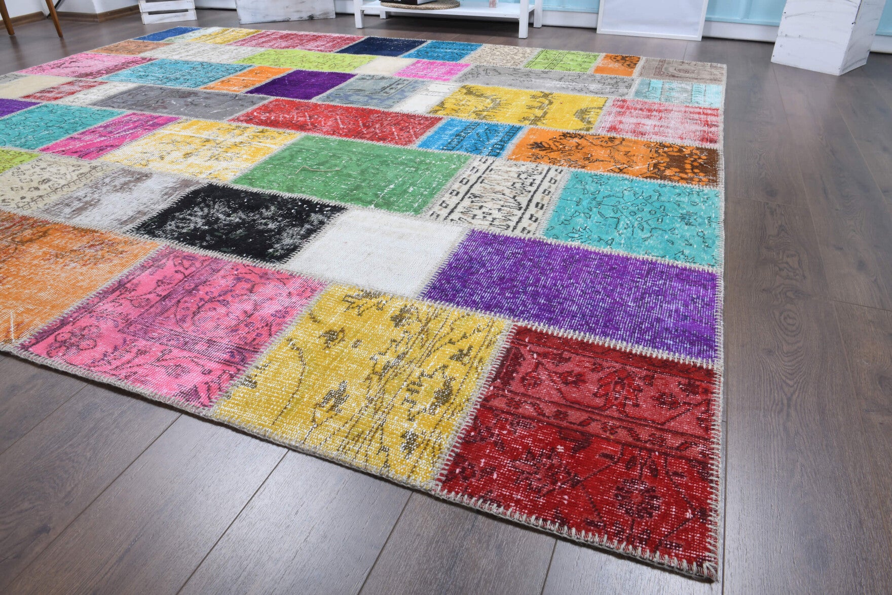 Authentic Anatolian vintage patchwork area rug (1970s) with floral design – one-of-a-kind at Fame Rugs