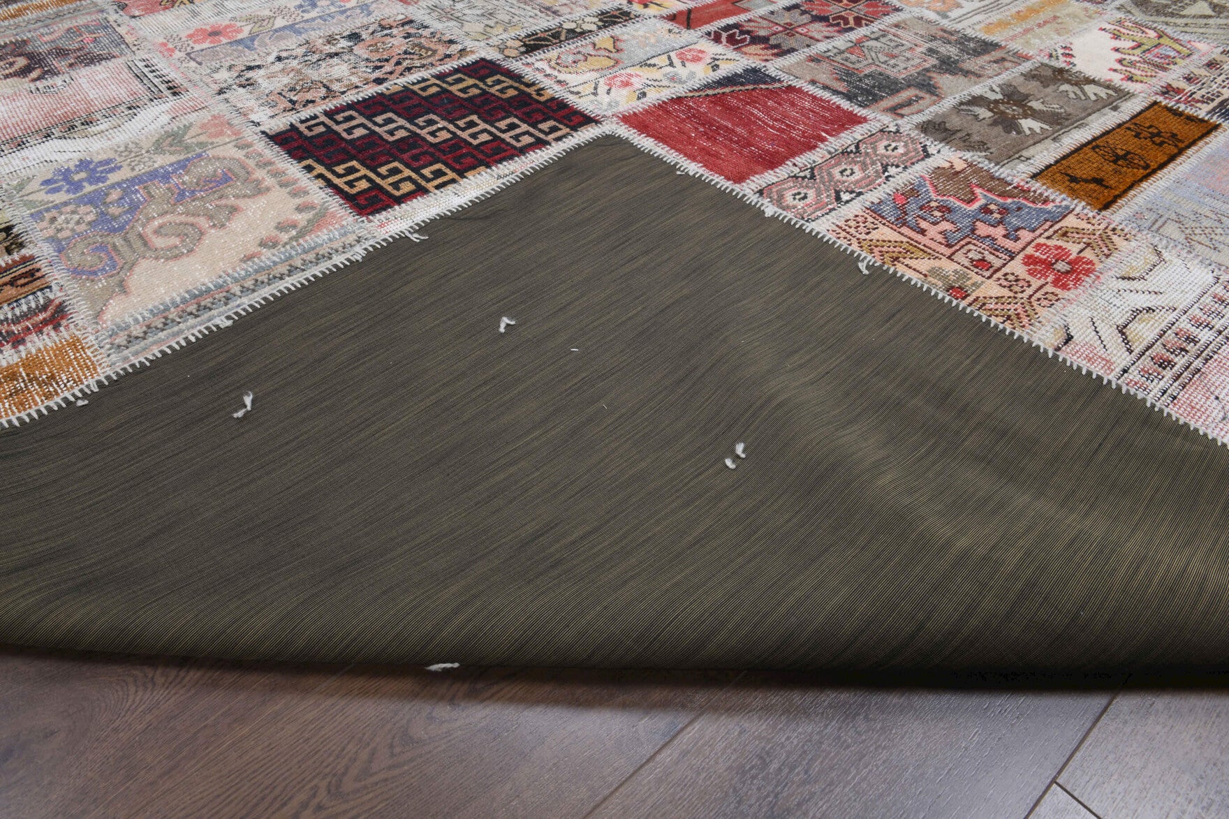 250x293 cm vintage patchwork Anatolian area rug – Anemozoe, low pile, wool