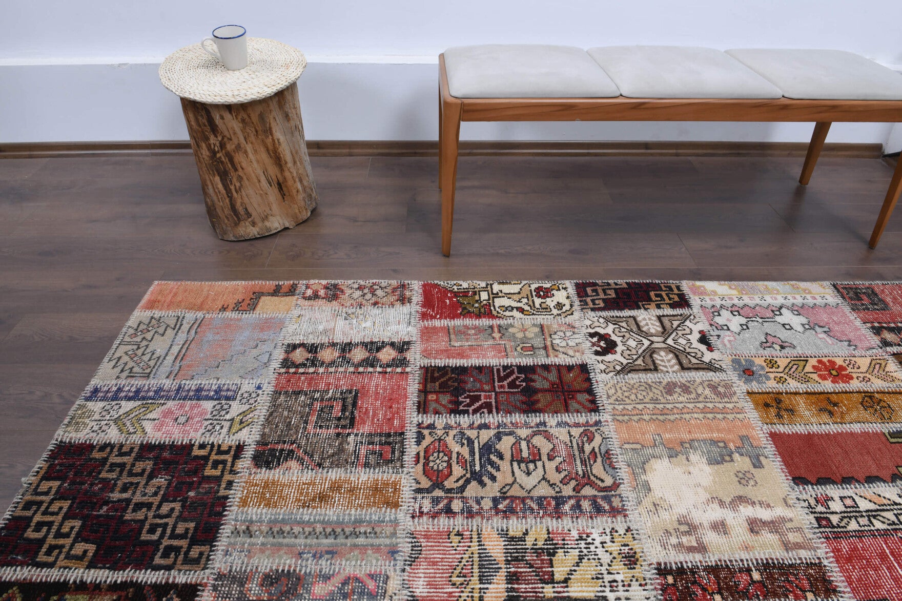 Authentic Anatolian vintage patchwork area rug (1970s) with tribal design – one-of-a-kind at Fame Rugs