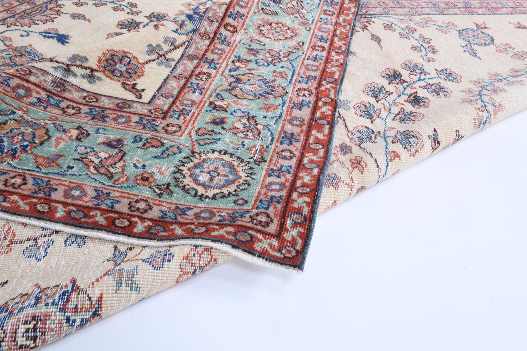 Authentic Anatolian vintage area rug (1970s) with bordered and floral design – one-of-a-kind at Fame Rugs