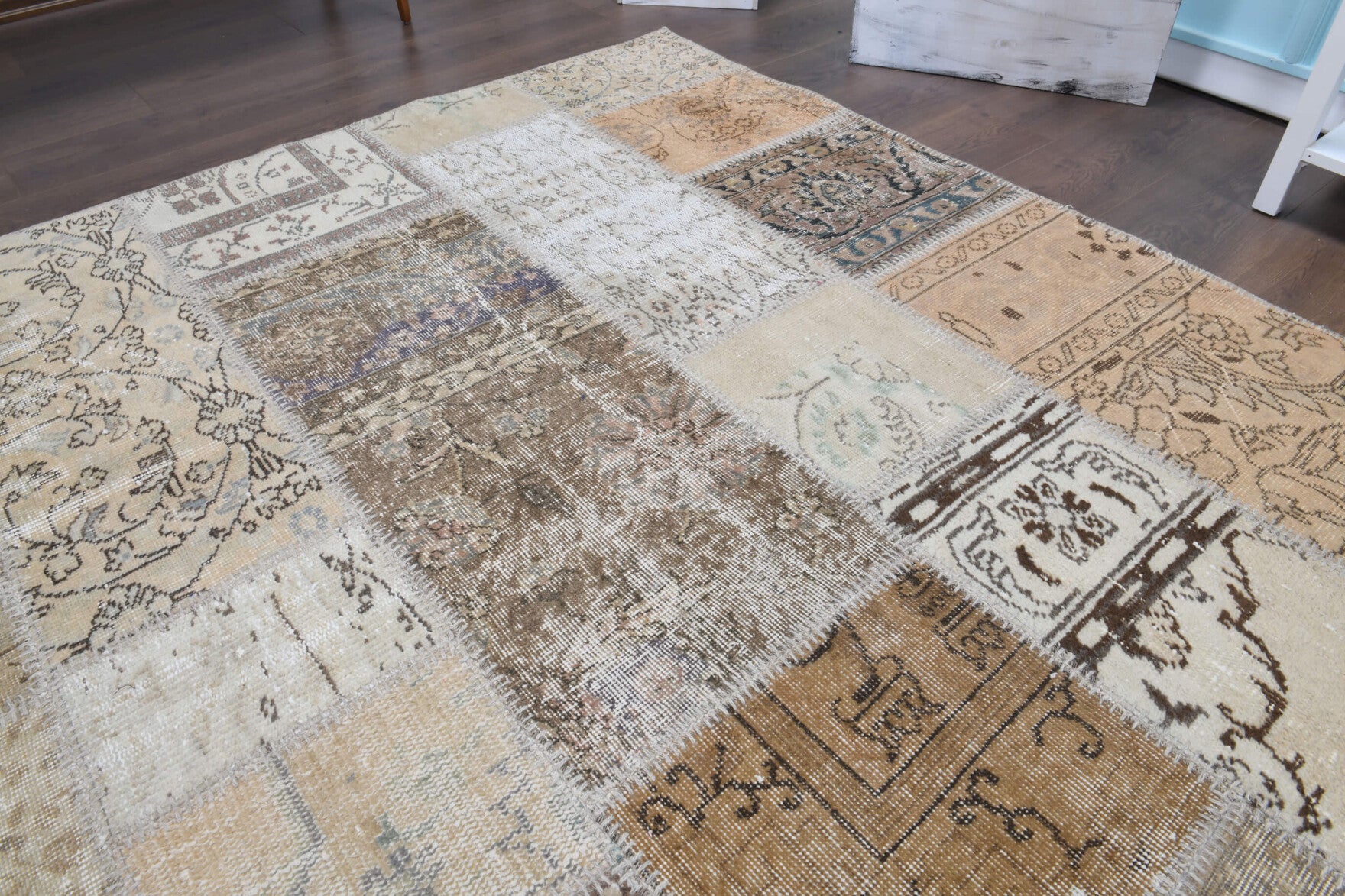 Anthocharis rug: 1970s handmade Anatolian rug with tribal motifs and fabric backing